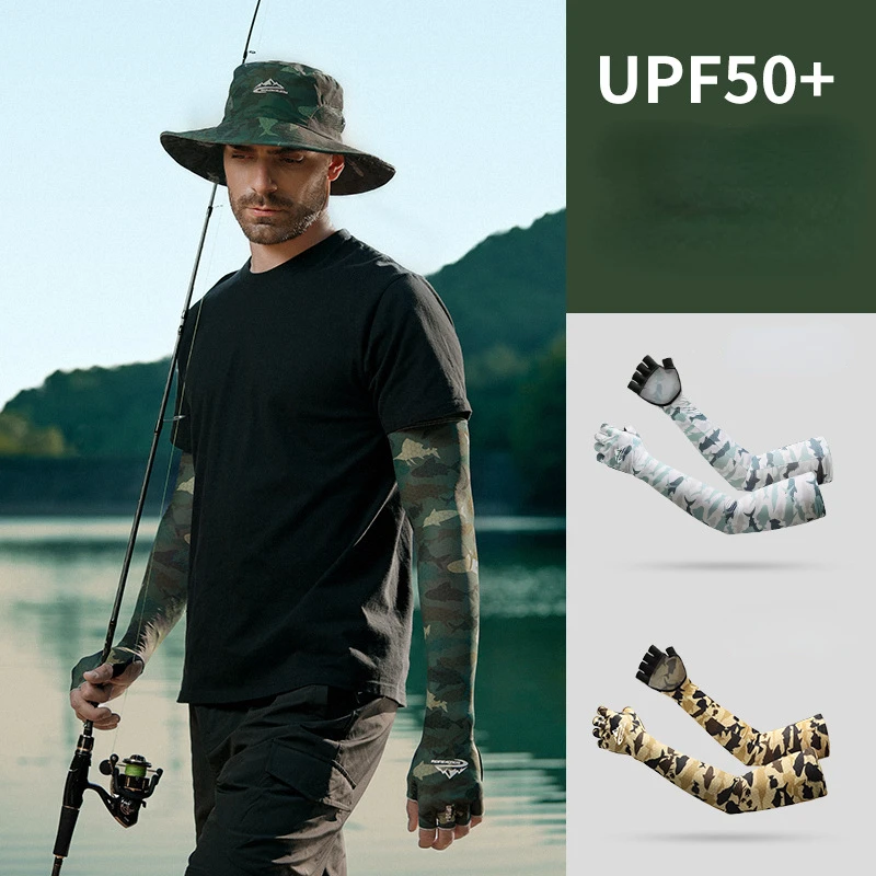 Sun-proof Ice Arm Sleeves for Men, Summer Fishing Gloves, Outdoor Arm Protector, Anti-UV Palm Hollow Half Finger Gloves, UPF50 +