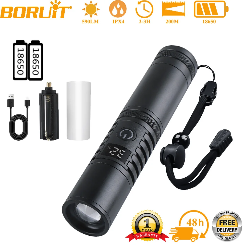 BORUiT Ultra Bright LED Flashlight 1000LM 3 Lighting Modes USB C Rechargeable Zoom Torch & Digital Display 18650/26650 Battery