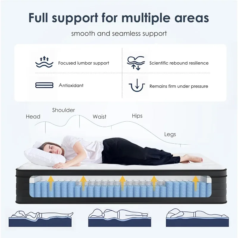 Queen Mattress 12 Inch Hybrid Mattress with Gel Memory Foam, Individual Pocket Spring Bed Mattress, Medium Firm Mattress Queen