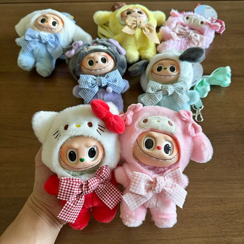 Ubranka dla lalek Labubus 15-17 cm, pluszowy kaptur Mickey Stitch, Sanrio Hello Kitty, Cinnamoroll, Melody, Kuromi, Pochacco, akcesoria, sukienka