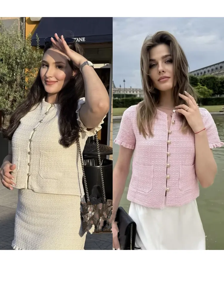 

Zevity Women Basic Round Collar Short Sleeve Cascading Ruffles Knitting Blouse Female Chic Buttons Shirt Blusas Crop Tops LS9392