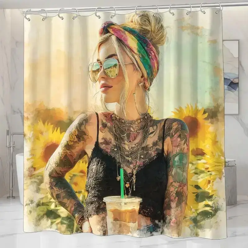 Boho Girl Shower Curtain - Tattooed Woman with Sunflowers, Coffee Cup Print, Trendy Bathroom Decor Waterproof & Mildew Resistant