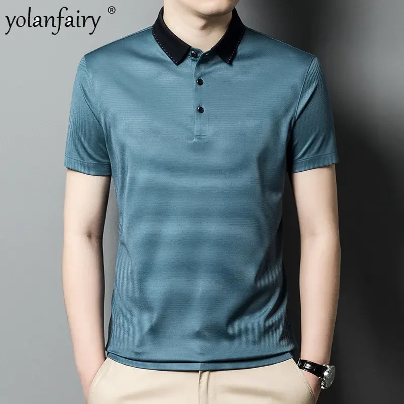 

T Shirt Men 2023 Summer New Short Sleeved T-shirt Male Business Casual T-shirt 100% Mulberry Silk Polo Tops Men Clothes FCY3888