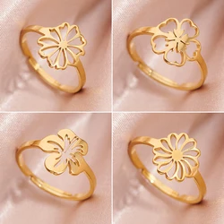 Exquisite Stainless Steel Flower Adjustable Opening Rings for Women Girls Cute Mandala Sakura Daisy Fashion Jewelry Wedding Gift