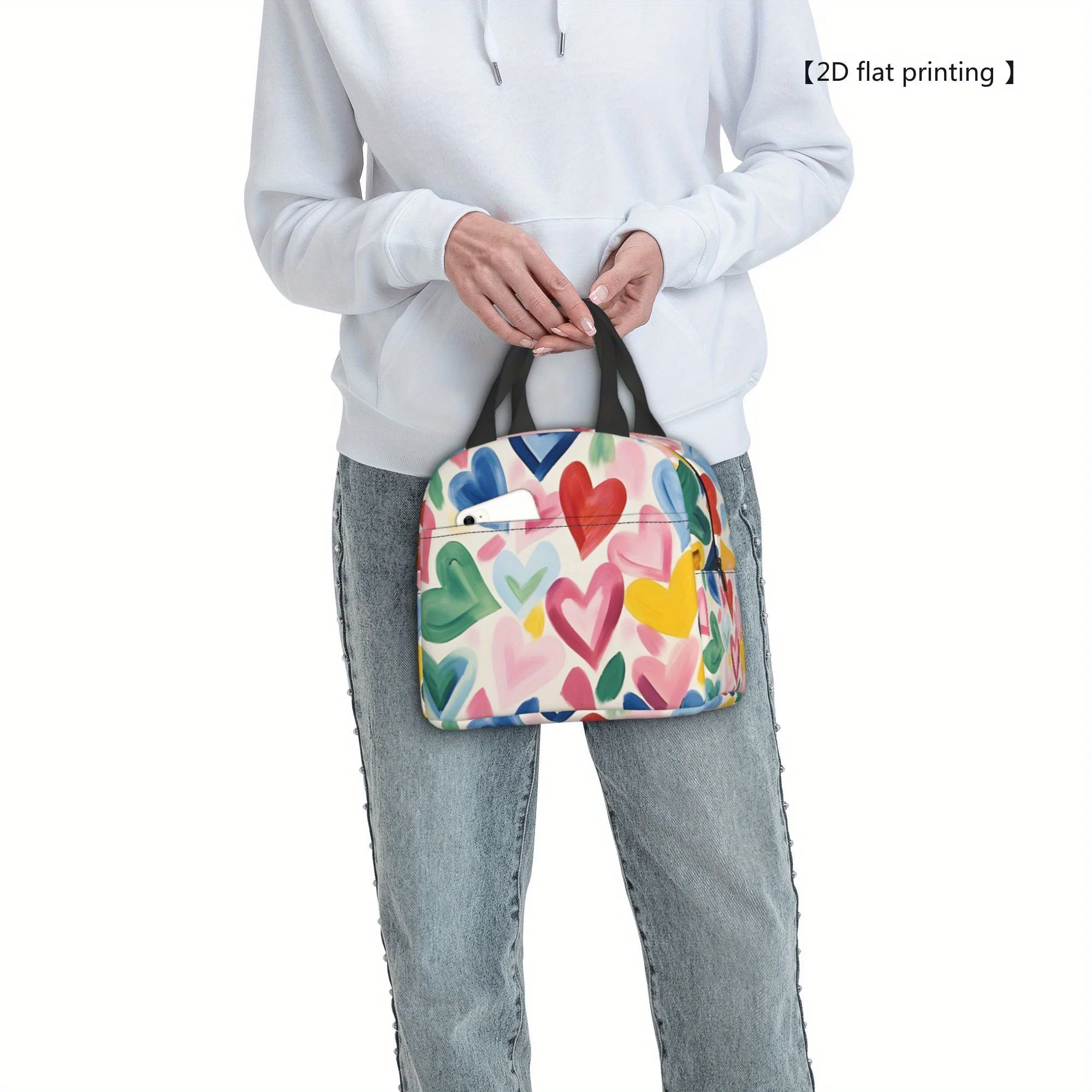 1pc [ 2D flat printing] Multicolored heart pattern Portable Reusable Cooler Bag, Lunch bag Boxed meal package top - handle bag l