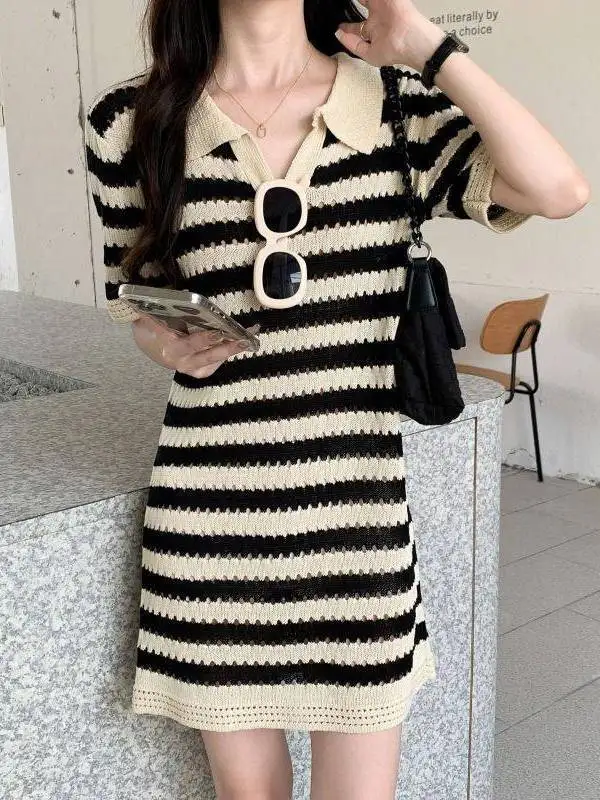 夏ポロカラードレス女性ルーズ痩身中空ストライプデザインカジュアルニット半袖-tシャツドレスボヘミアンスタイル