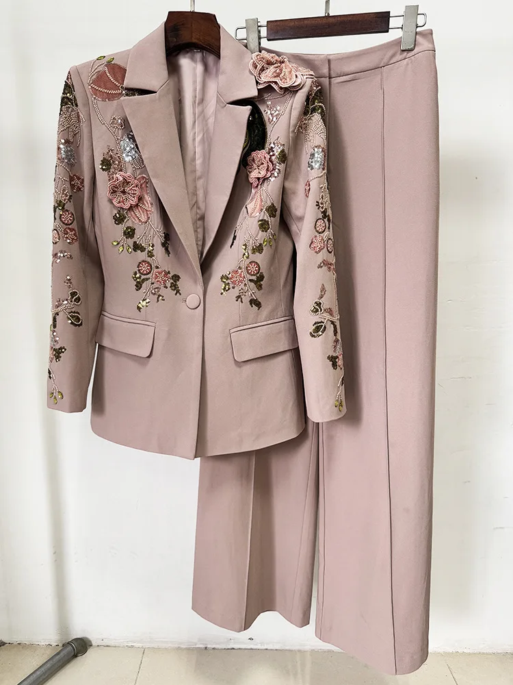 TOP QUALITY Newest Fashion Designer Runway Suit Set Women's 3D Flowers Beaded Blazer Wide Leg Pants Set