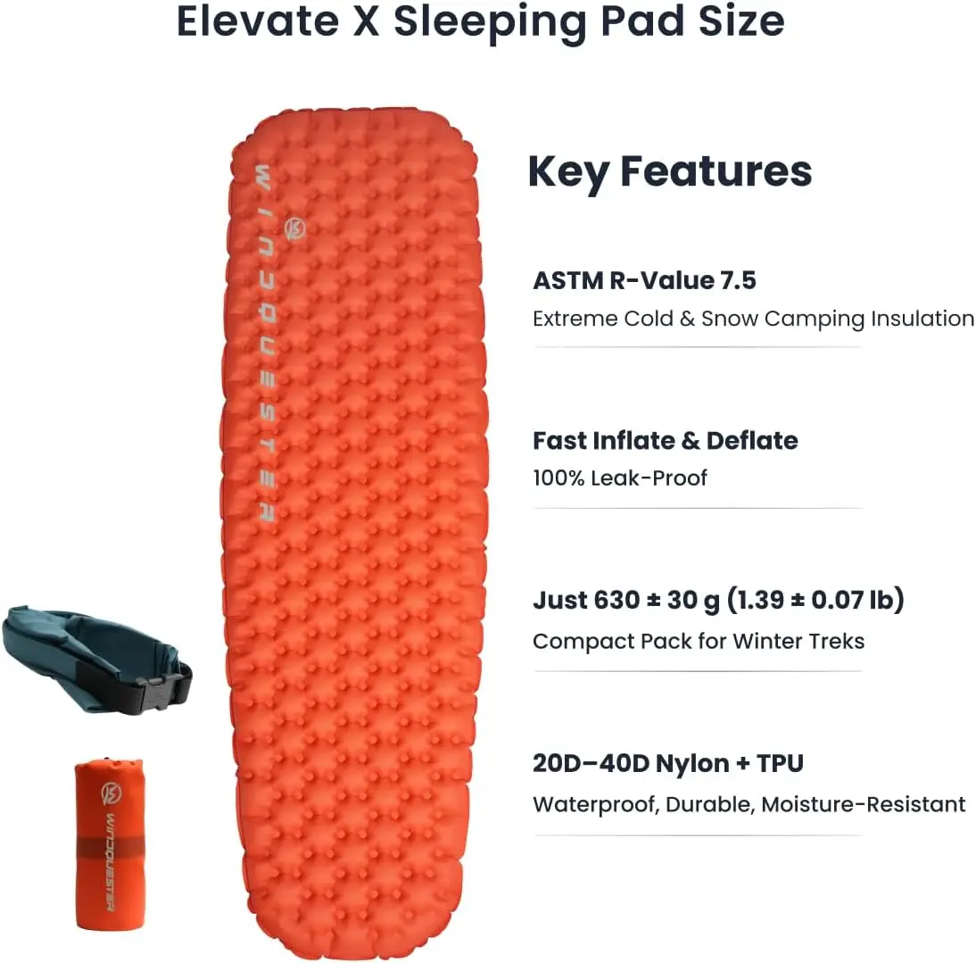Inflatable Backpack Sleeping Pad 4 Season R-Value 7.5 | Lightweight Camping Mattress, Durable Waterproof Nylon, Compact Backpack