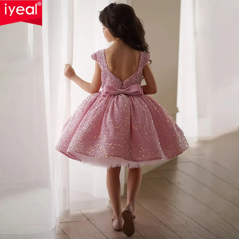 IYEAL Children Pink Dress Girls Birthday Party Evening Elegant Luxury Celebrity Formal Dresses Fluffy Sequin Tutu Ball Gown