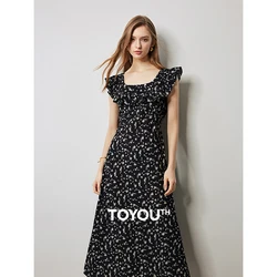 TOYOUTH Women Dress 2024 Summer New Countryside Style Fragmented Floral Printed Flying Sleeves Waistband Beach Vacation Dress