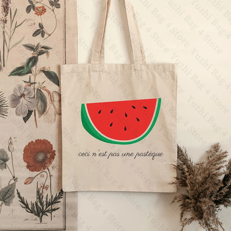 This Is Not A Watermelon Magritte Parody Watermelon Pattern Canvas Tote Bag Against War Women\'s Peace Reusable Shopping Bag