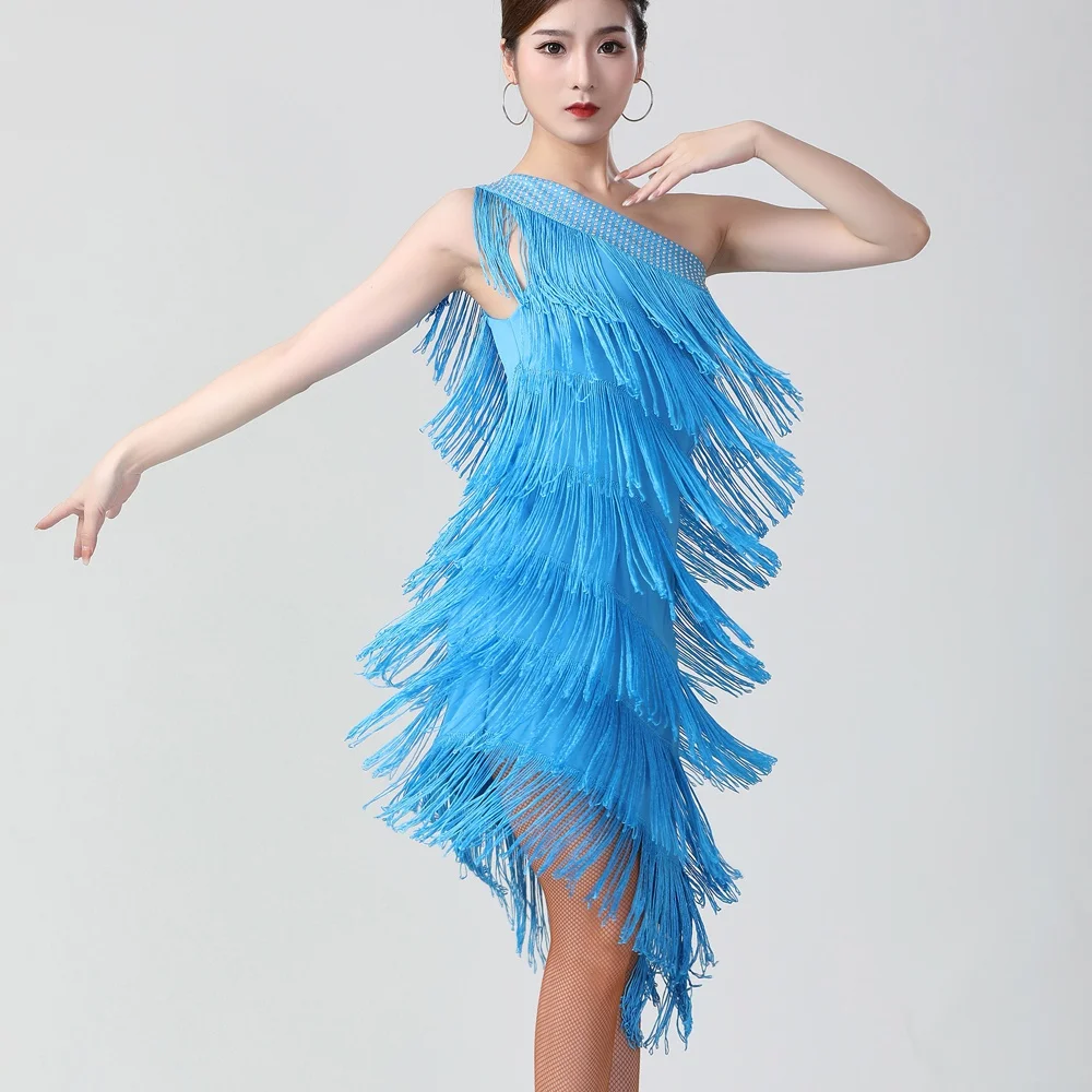 Dance Dress Ladies Sleeveless Sparkling Sequin Tassels Fringe Ballroom Samba Tango Stage Latin Dance Dress Costume