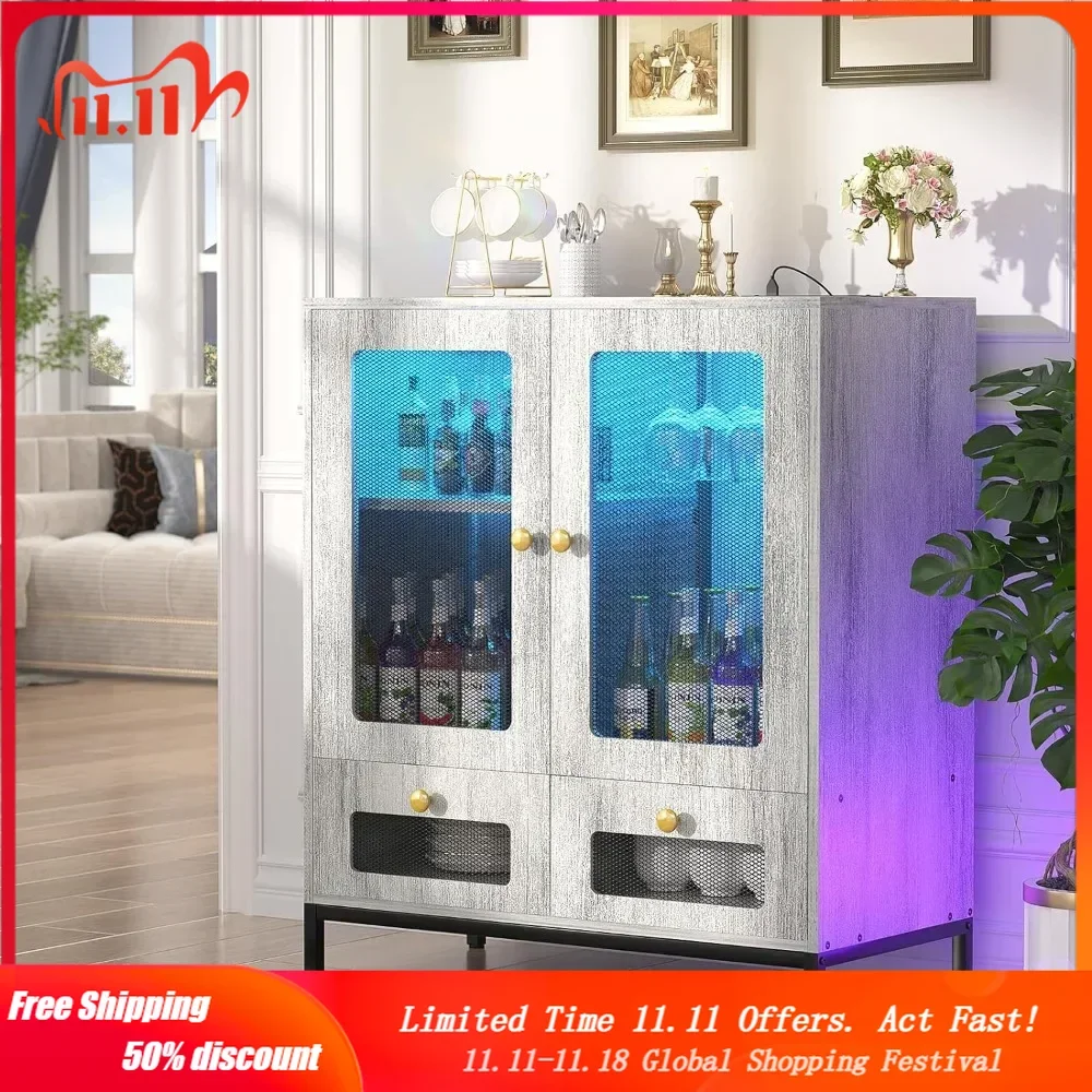 

Sideboard Buffet Cabinet with Storage, Wine Bar Cabinet with Power Outlet & LED Light, Kitchen Storage Cabinet with Drawers