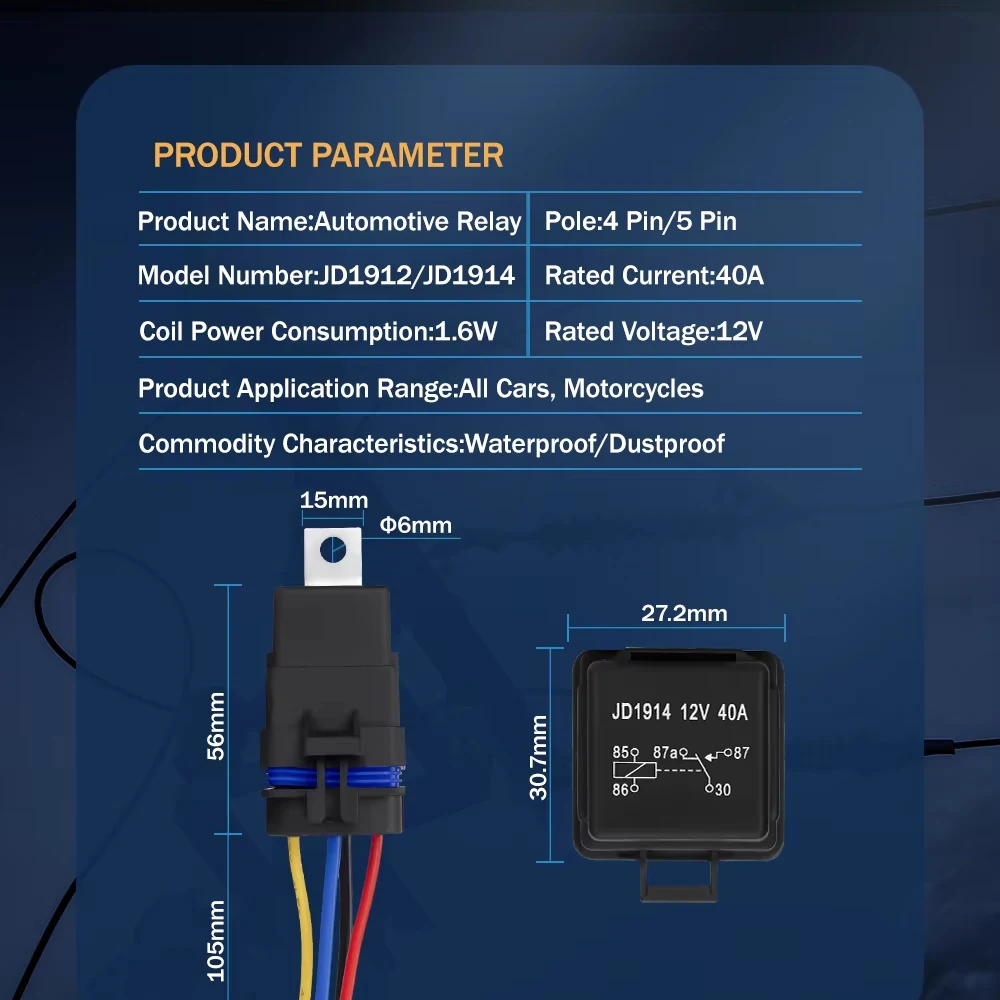 Car Auto Automobile Relay Sealed Waterproof Integrated Wired  DC12V 40A 5Pin 4pin Auto Relay + Holder With 105mm Length Wires