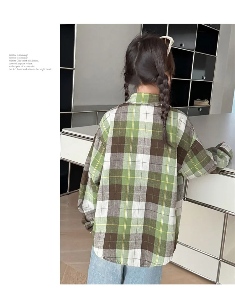 Koreanischer Stil, langärmliges kariertes Hemd für Teenager-Mädchen mit Tasche, neue Mode-Streetwear-Oberbekleidung für Kinder, Baumwollbluse für Kinder im Alter von 5-14 Jahren. – Detail 12