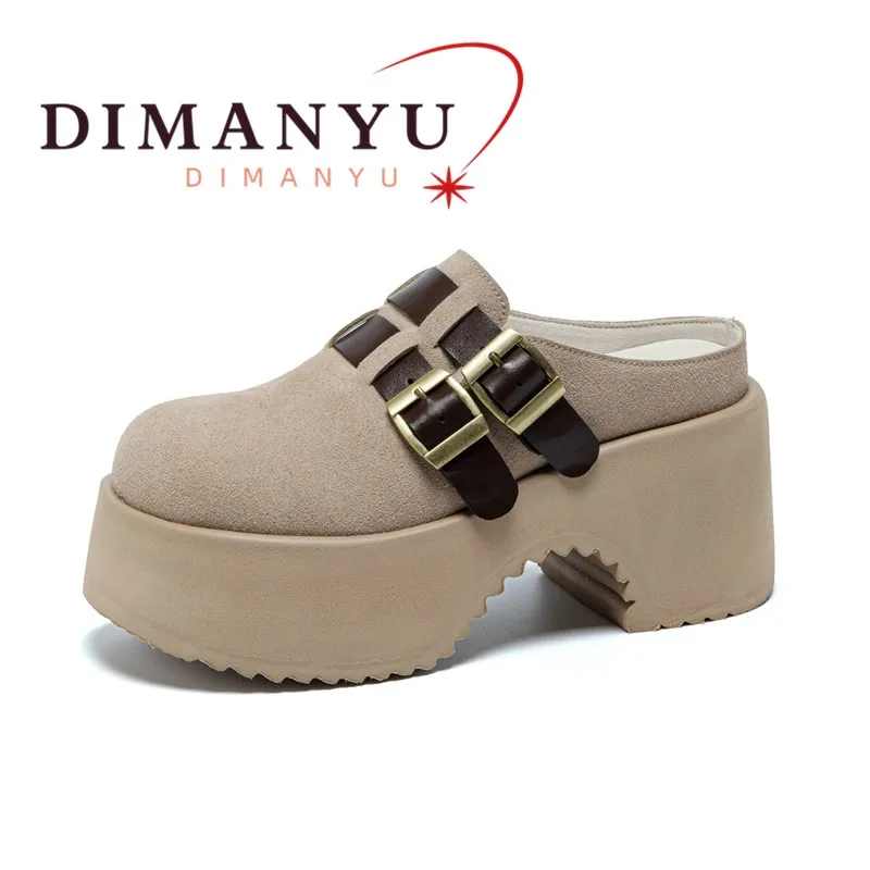 

DIMANYU Women Mules 9cm High Heel Spring Season Platform Slip-On Genuine Leather Women Slippers Closed Toe Lazy Slippers Women