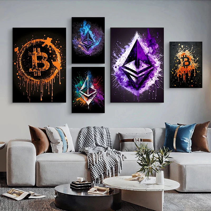 Modern Splatter Bitcoin Ethereum Poster ETH BTC Crypto Virtual Coins Canvas Painting Wall Art Prints Office Room Home Decor