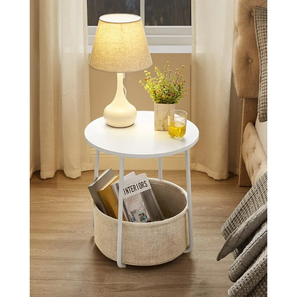 

Small Round Side End Table, Modern Nightstand with Fabric Basket, Matte White and Camel Brown ULET223W10 furniture bedroom