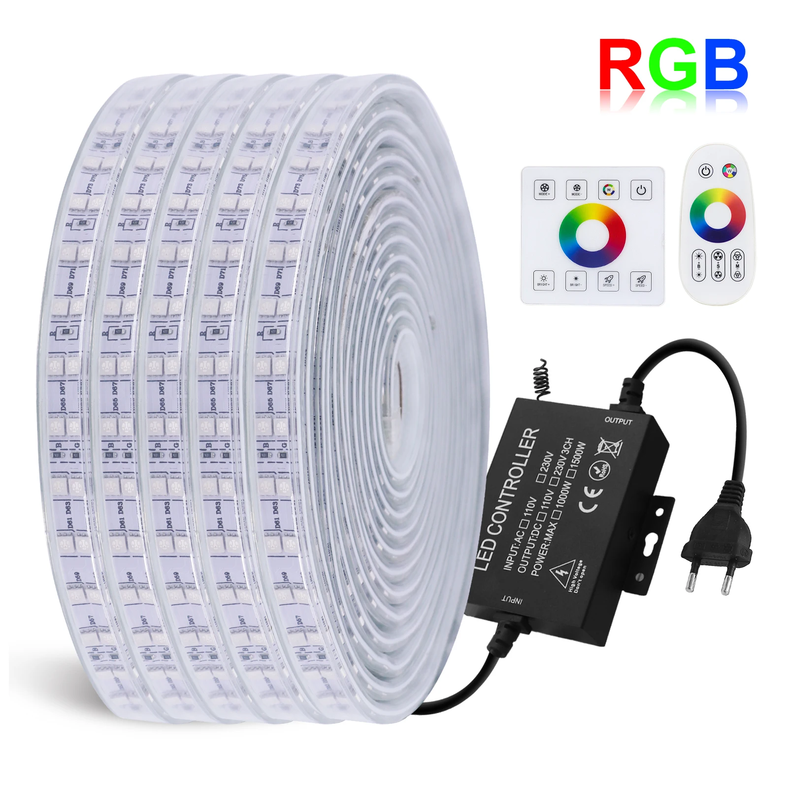 AC 220V RGB LED Strip Waterproof With Touch Remote 120Leds/M SMD 5050 Garden Bedroon Kitchen Decor Flexible Ribbon Tape Lights