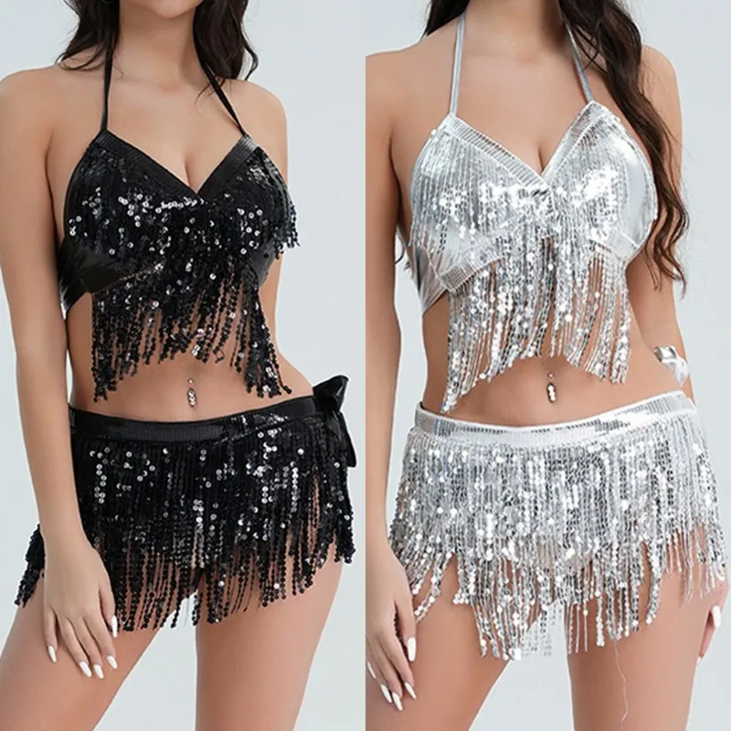 Bühnen party Karneval Kostüm Requisiten Minirock Bauch Latin Tanz Hula Kleid Hipscarf Quaste Pailletten Taillen kette für Festival Geschenk – Detail 6