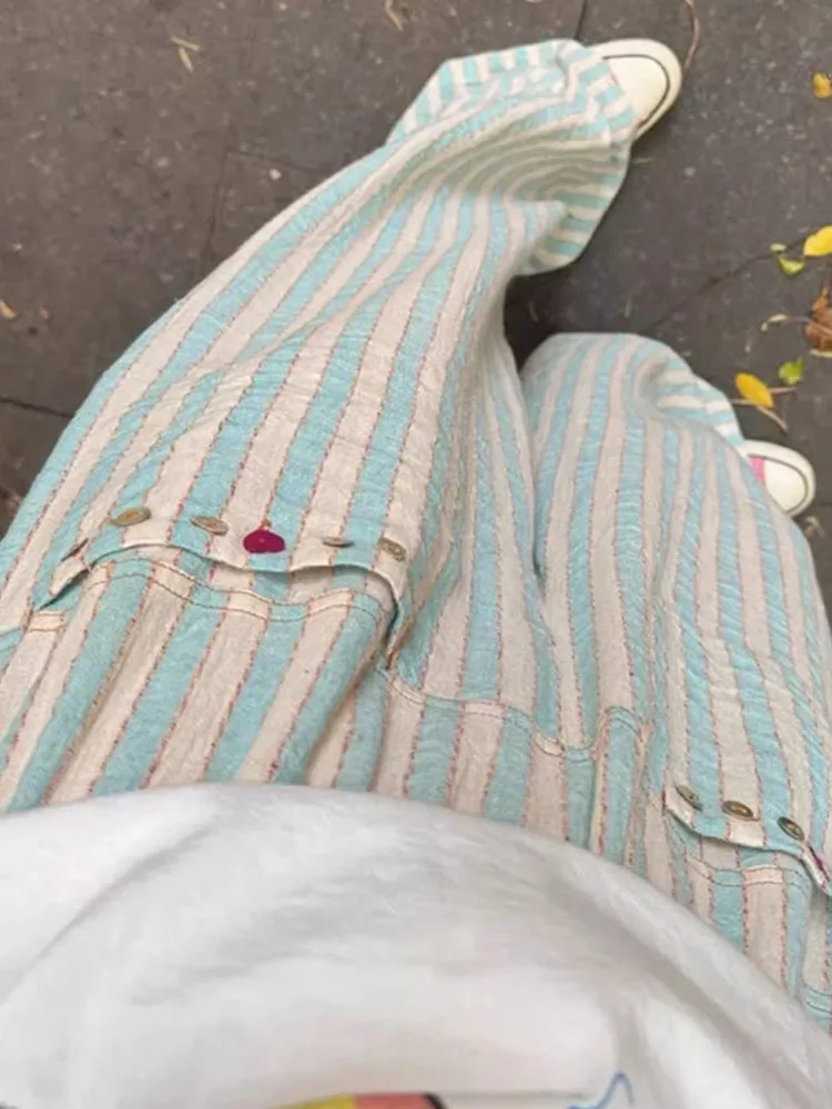 

Fashion Vintage Green Striped Straight Trousers 2024 Summer New Wide Leg Pants Y2k Grunge High Waist Loose for Women