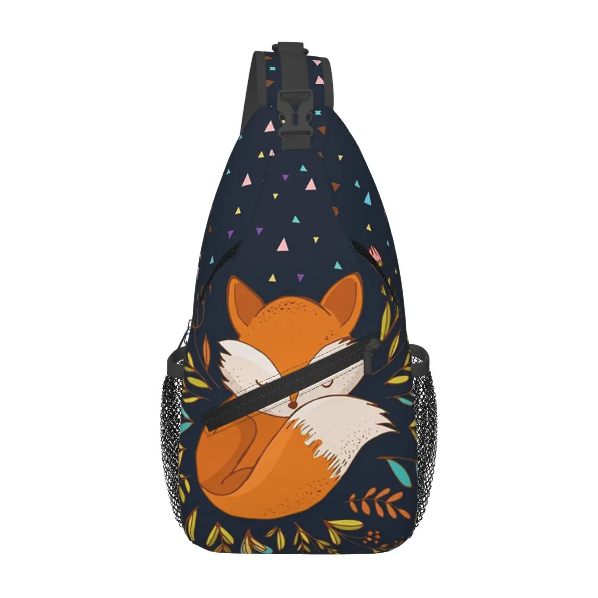 Cute Fox Flowers And Triangles Chest Bag Men Sling Crossbody Backpack Chest Bag Travel Hiking Daypack Shoulder Bag