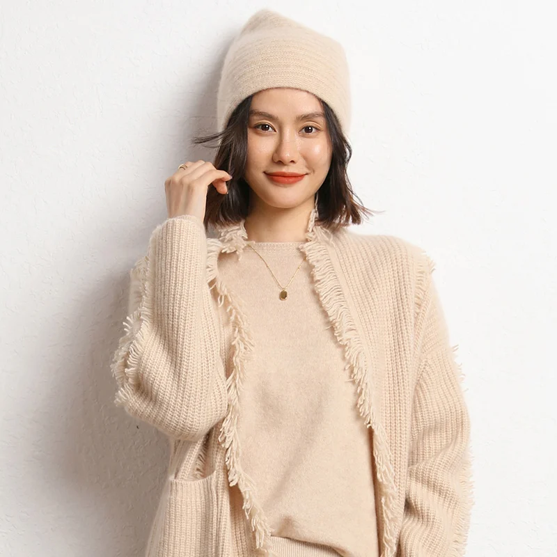 Hot Sale 2023 New Arrival Autumn Winter Women Hats 100% Cashmere Knitted Headgears Soft Thicken Warm Fashion Girl Cap 2 Colors