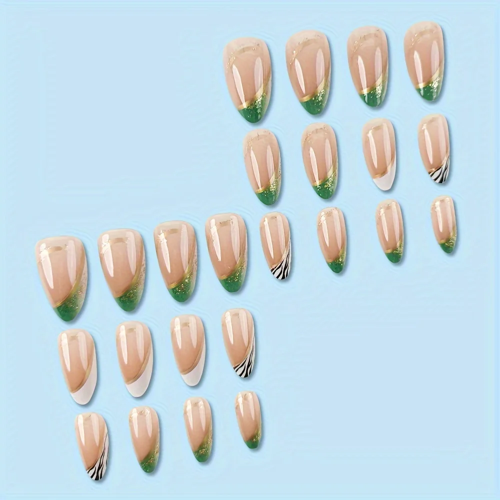 24 pièces de Patch pour ongles portable en forme d'amande, paillettes, imprimé léopard vert, Nail Art avec faux ongles français brillants