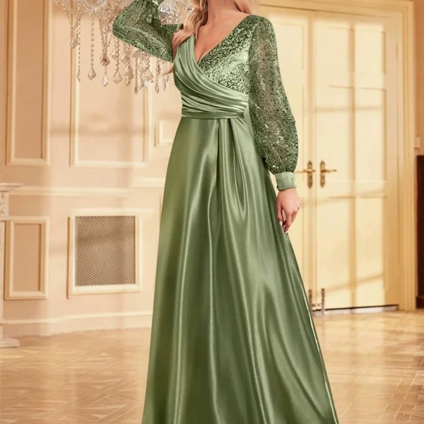 

Шелковое атласное вечернее платье больших размеров с V-образным вырезом, длинными рукавами, приталенного силуэта, с бисером, для женщин, для торжественных мероприятий