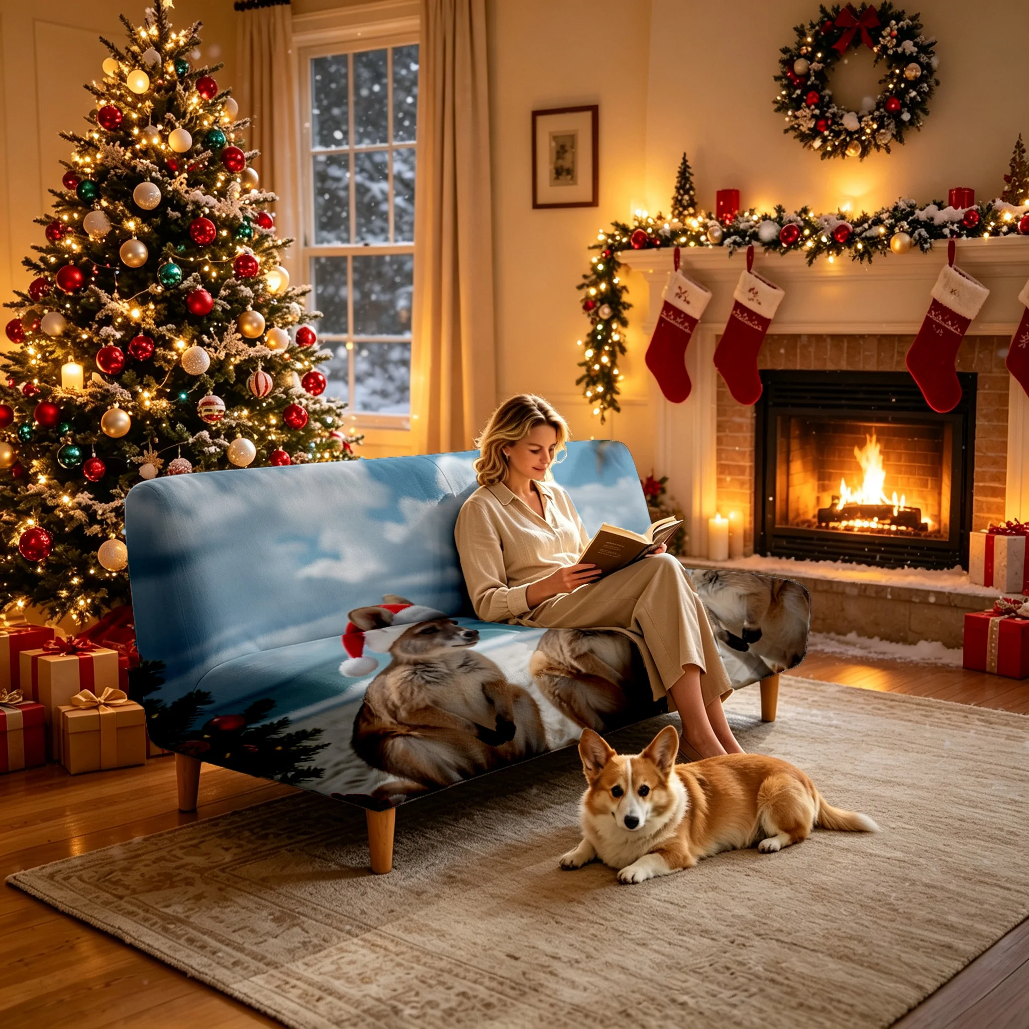 Christmas kangaroo with santa hat printed elastic folding sofa bed cover, Christmas holiday decoration sofa bed without armrests