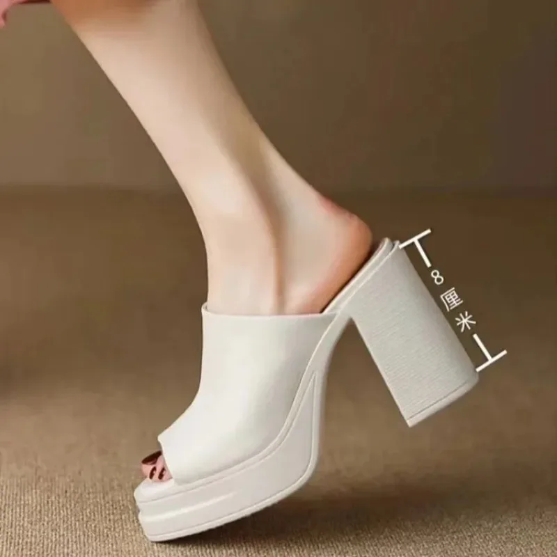 Genuine leather thick heels for women wearing slippers,summer ultra high heels fish mouth, one line drag, thick soles high heels