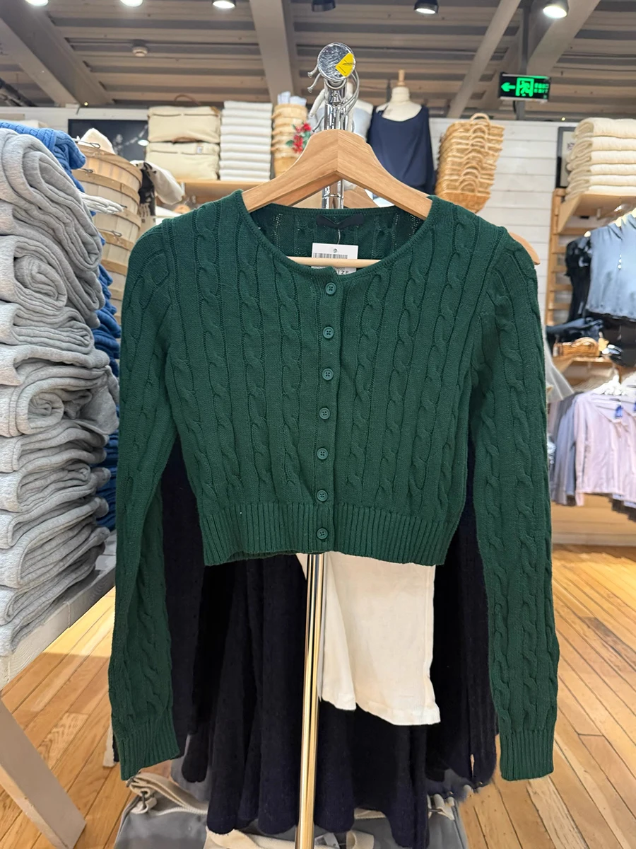 

Зеленый укороченный кардиган с витым цветком, женский весенний однобортный хлопковый укороченный топ с круглым вырезом, винтажные милые тонкие свитера