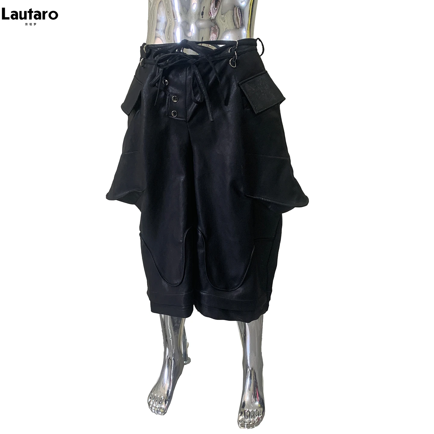 Lautaro Summer Autumn Soft Black Pu Leather Wide Leg Calf-Length Pants for Men Drawstring Waist Menswear Clothes Streetwear 2026