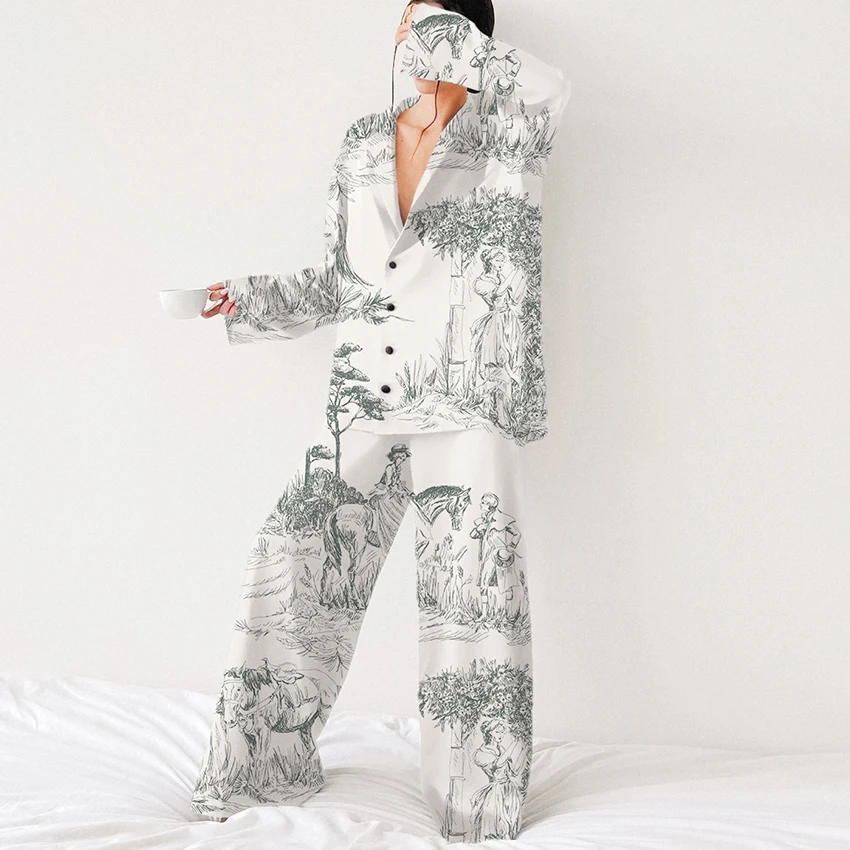 

Hiloc 2025 Casual Ink-Wash Color Print Long Sleeve Top Set Elastic Floor-Length Pants Outfit Plunging Neckline Woman Pajama Suit