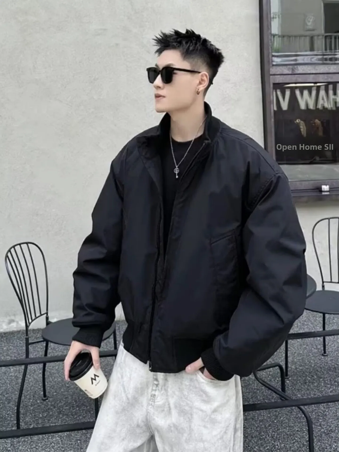 

Thiened Cotton Pilot Bomber Jaet Men's Autumn Winter Faion Outerwear Zipper Closure Long Sve Warm Stand Collar Coat