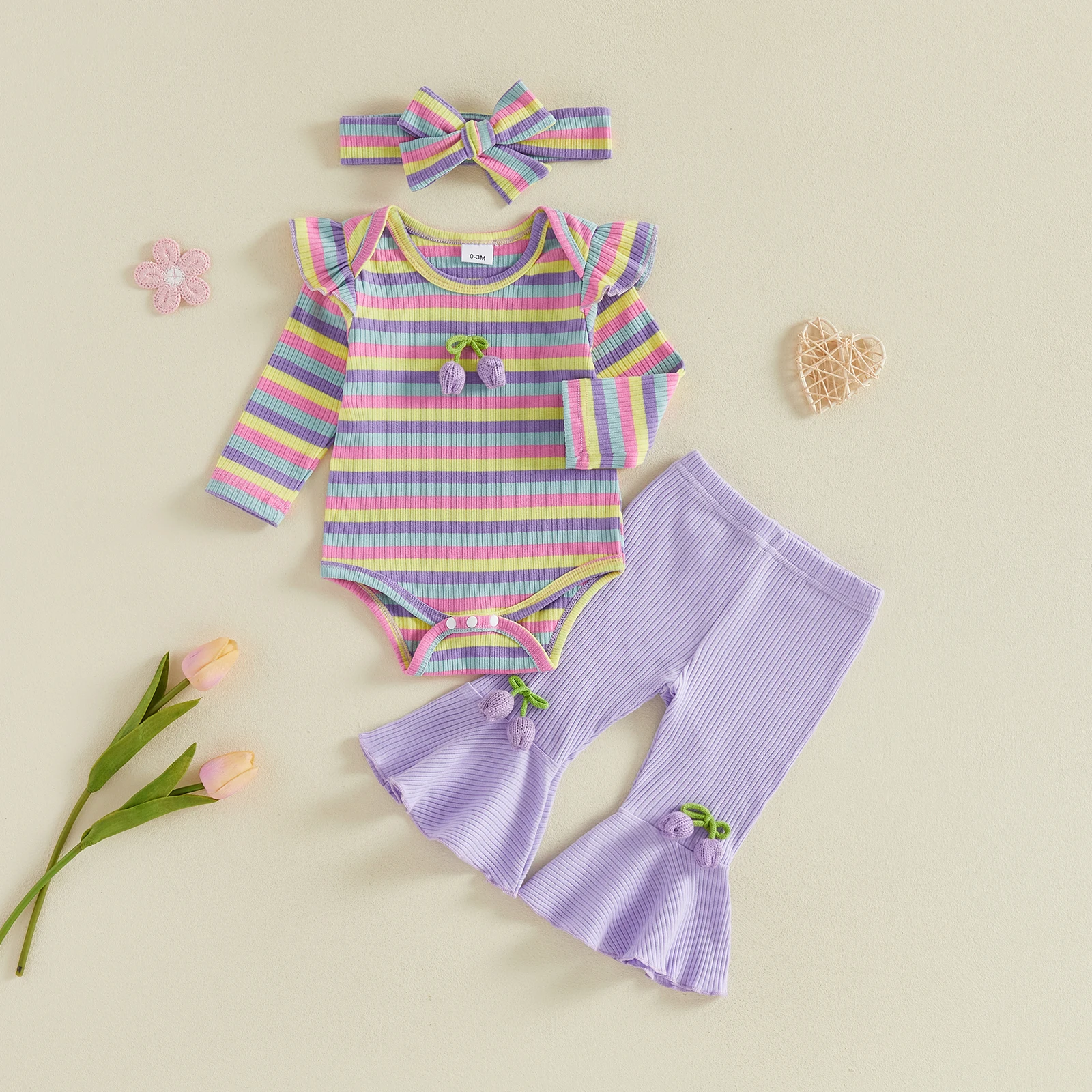 Baby Girls Fall Outfits Long Sleeve Striped Romper Pants Headband Cute Baby Autumn Clothes Set