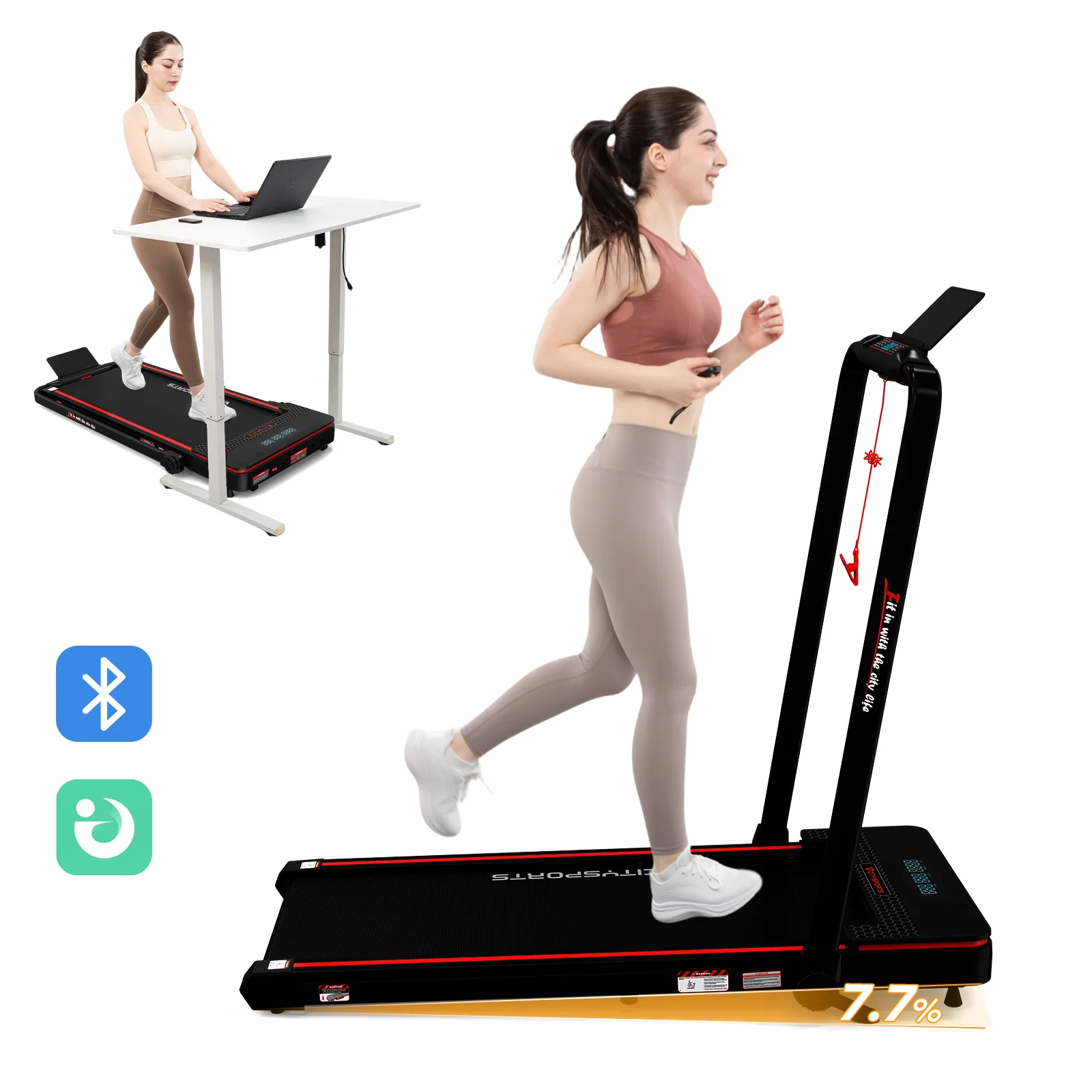 CITYSPORTS PRO Tapis de Course, Tapis de Marche, tapis roulant pliable, tapis roulant avec accoudoirs, tapis roulant avec application et Bluetooth pour la maison, 1400W/2.0HP, inclinaison de 7,7%, télécommande