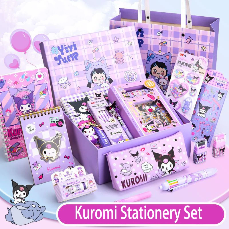 Kawaii Sanrio Kuromi Stationary Set Book Ruler Pen Eraser Key Chain Child School Student Study Supplies Girl Birthday Gift