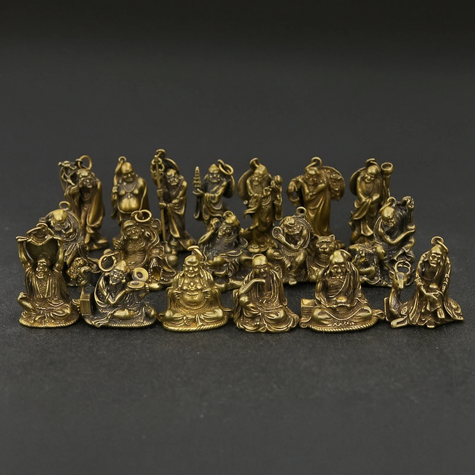 18 Pieces Arhat Figurines Bronze-Gold Buddhist Statues Figurines with Hanging Loop Cast Metal Buddha Ornament Detailed