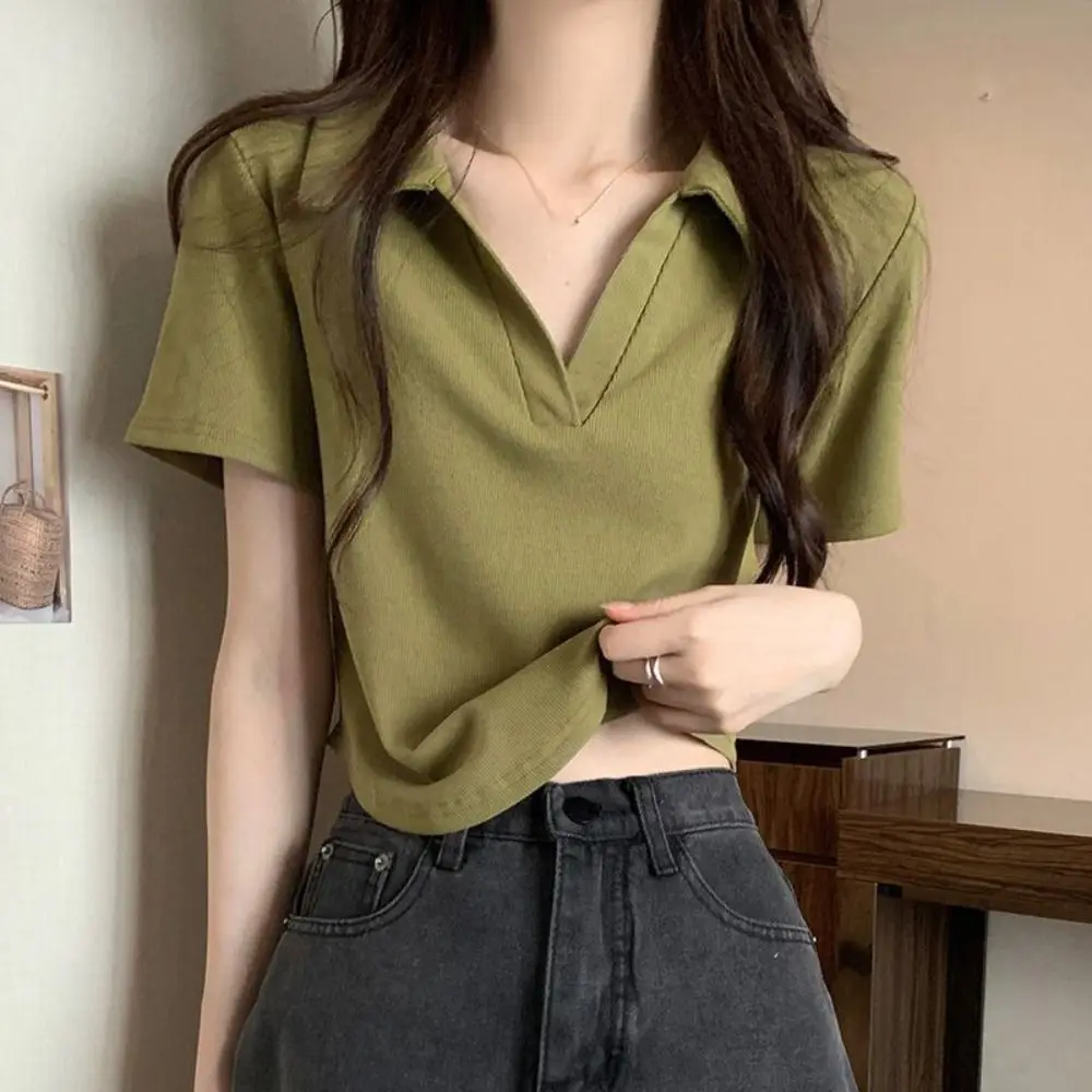 

Simple V-neck Flip Collar T-shirt Y2K Pullover Short Sleeve Crop Top Slim Fit Korean Style Basic Tees Shirts Women Girls