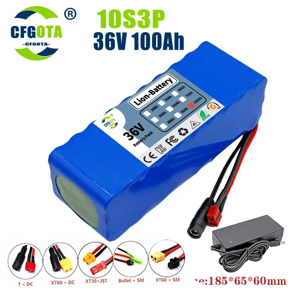 

36V 100Ah 18650 battery pack 10S3P 100000mAh built-in 15A BMS, 250W-500W scooter, electric bicycle battery + 42V 2a charger