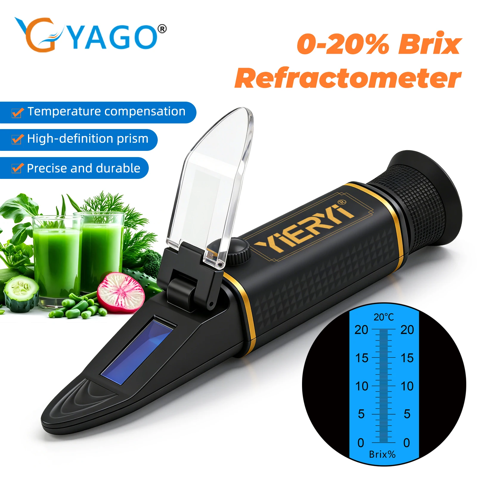 YAGO 0-20% Brix Refractometer Handheld Sugar Meter ATC Tester for Fruit Juice Milk Soymilk Beverage Fruit Sugar Content Tester