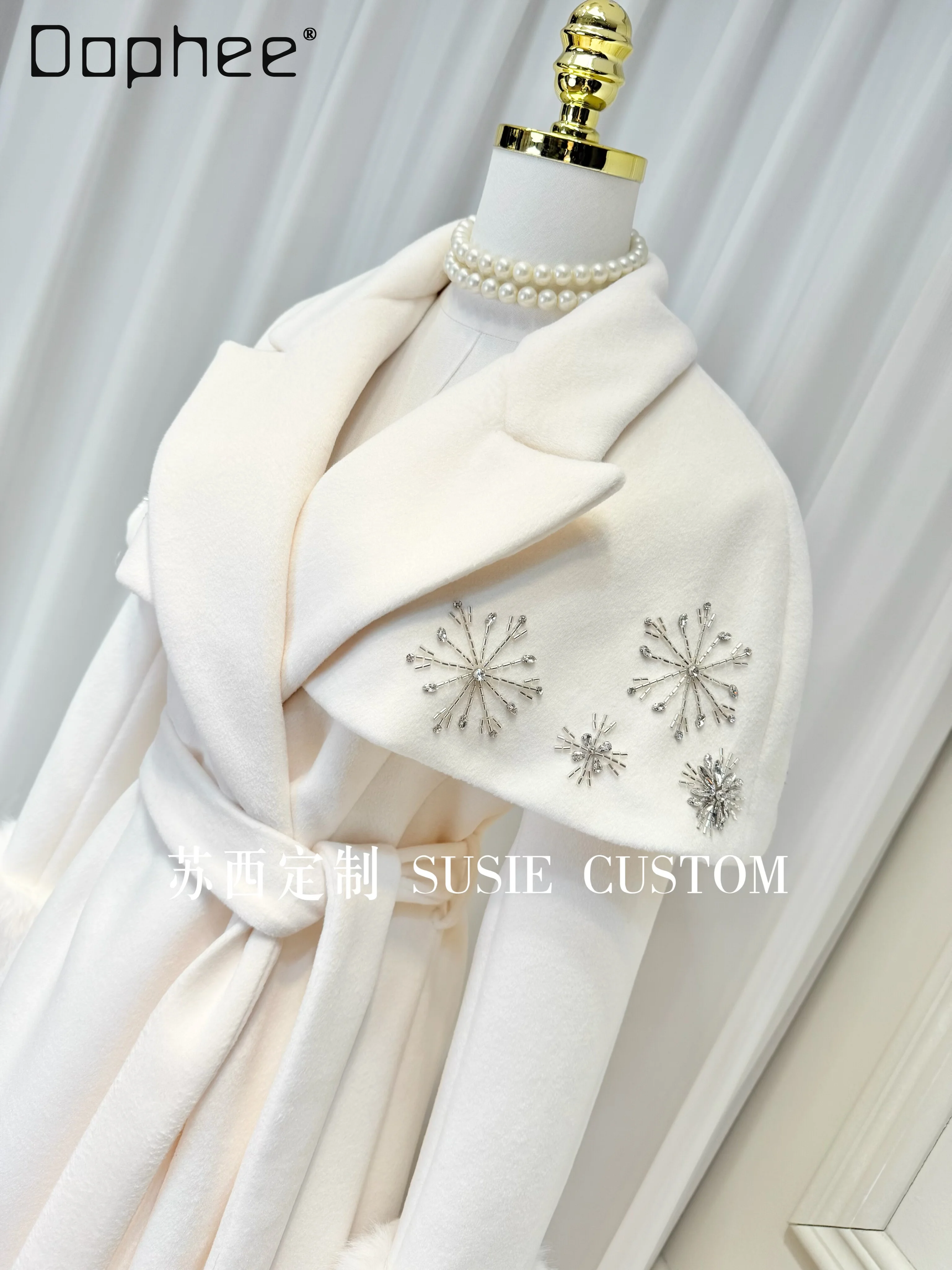 High-end Detachable Beaded Cape Shawl Plush Patchwork Long Sleeve Turn-down Collar Tie Pocket Mid-length Slim Woolen Coat Women