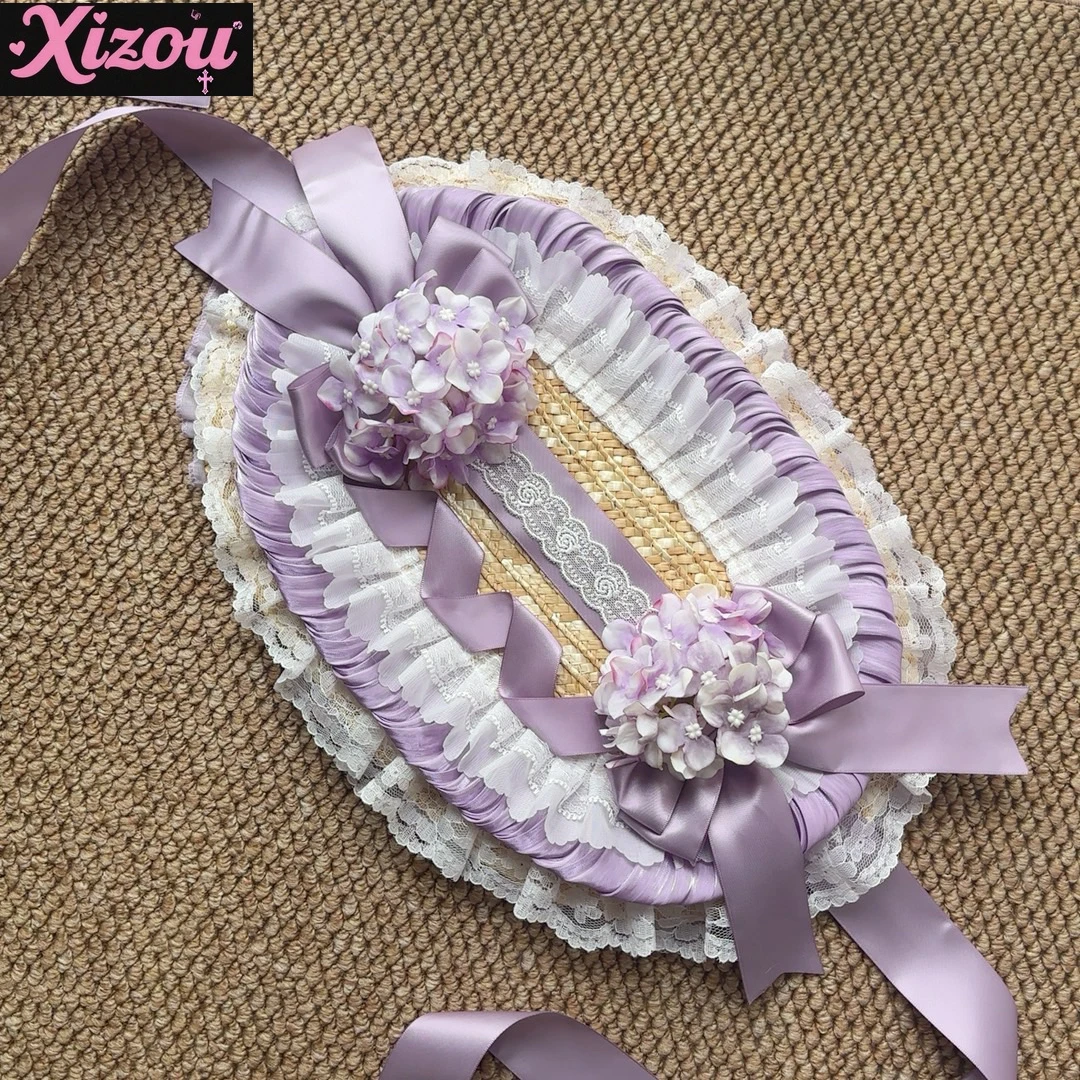 Japanese Original Lolita Handmade Bonnet Lace Hydrangea Bow Bnt Pastoral Lolita Hats Hanyang Eclectic Hair Accessories Headgear