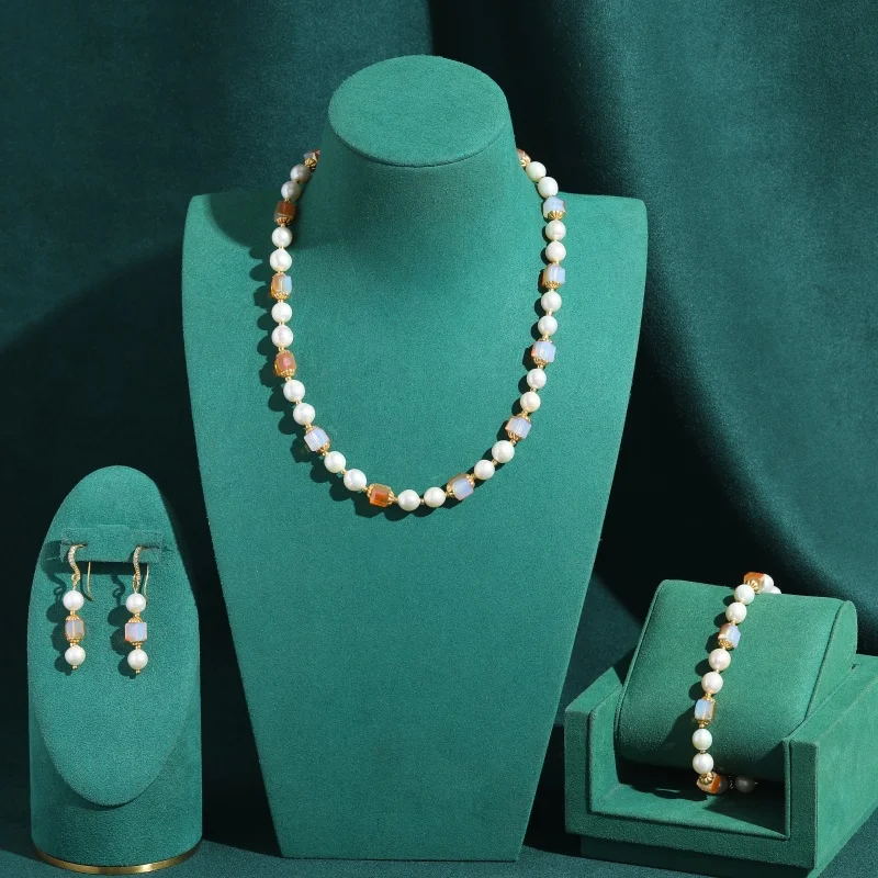 Vintage Pink Crystal Freshwater Pearl 18k Jewelry Sets Necklace Bracelet Earrings Classic Trendy Gifts For Women Trends 2026