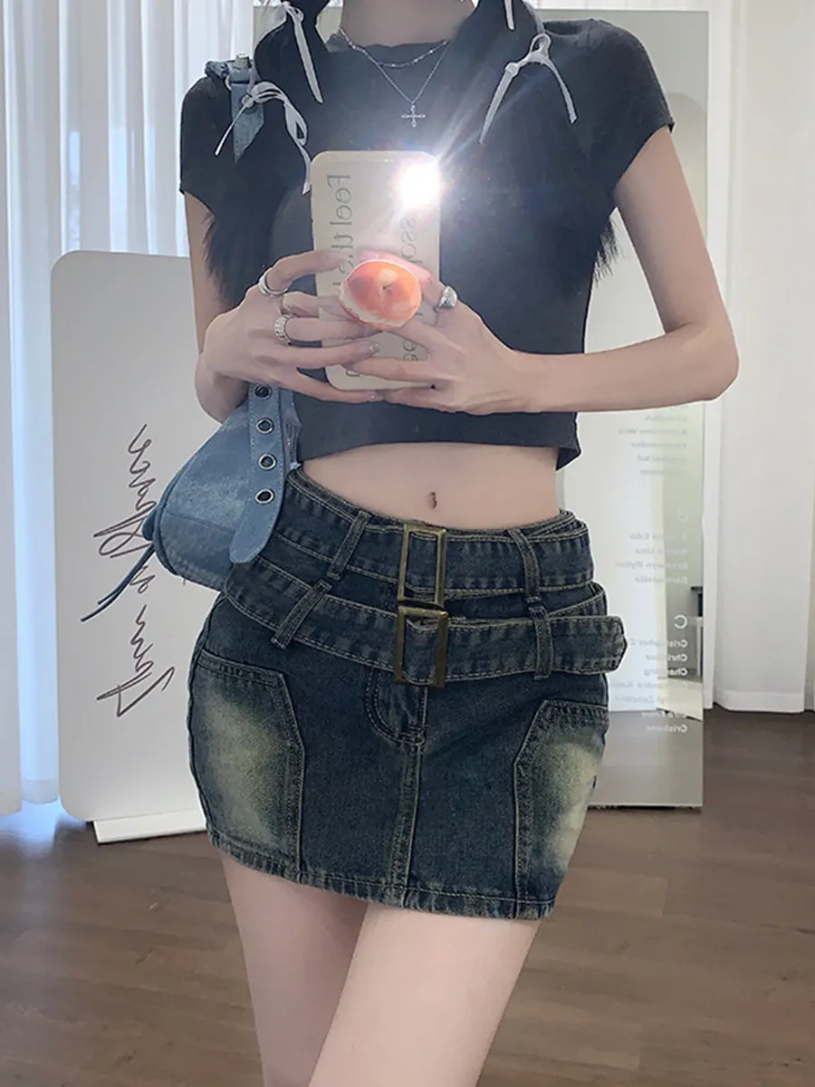 Women Blue Mini Denim Skirt Vintage Low Waist Wrap Cowboy Skirt Harajuku Korean Style Y2k A-line Jean Skirt 2000s Summer Clothes