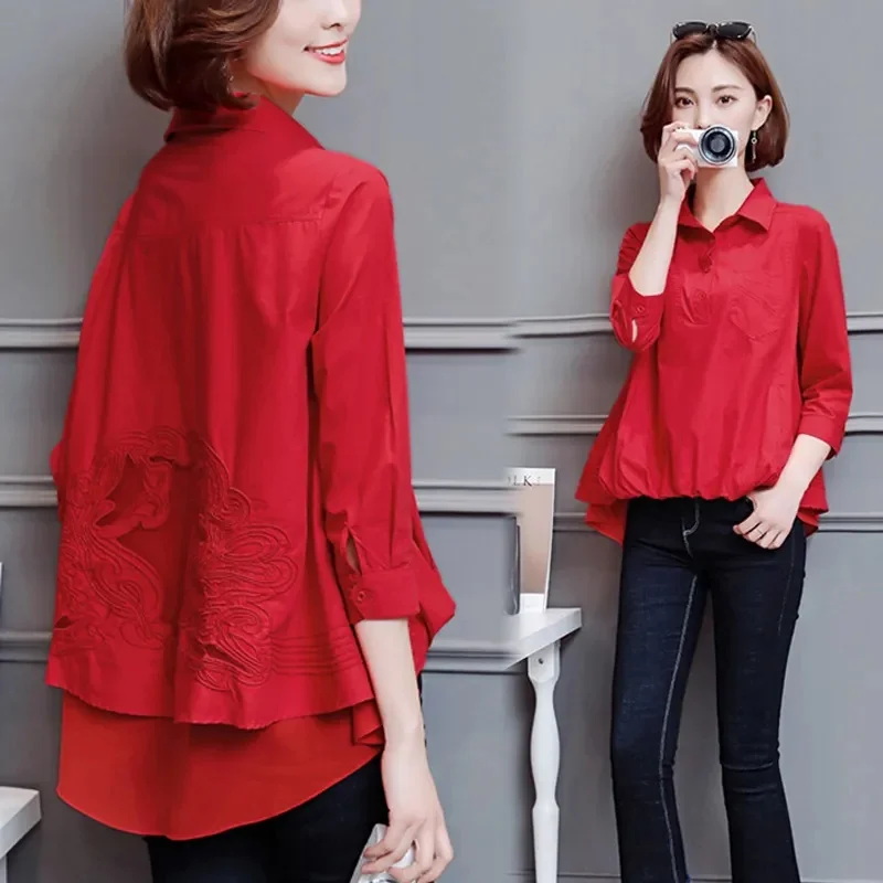 

Heavy Industry Embroidered Shirt Women's Nine Quarter Sleeve With Cotton 2023 New Large Women's Slim Fit Versatile Splice Shirt