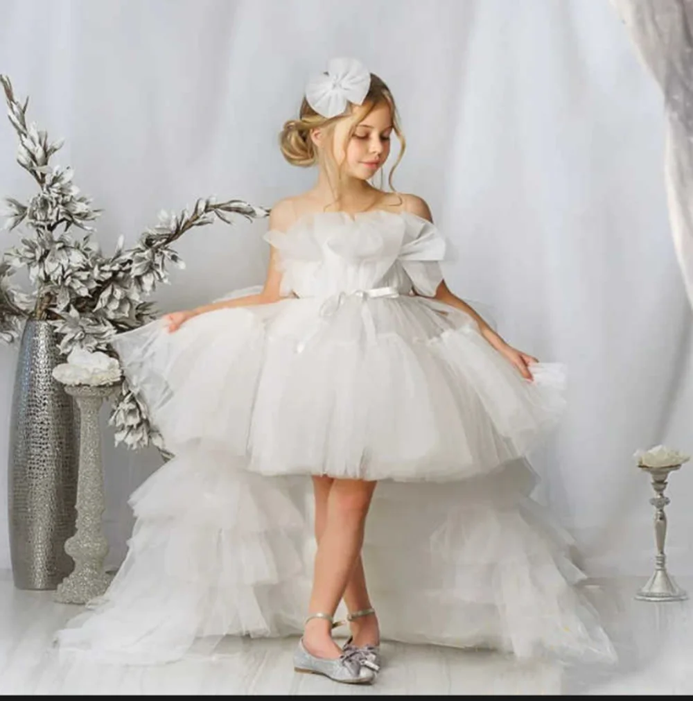 

First Communion Dress Square Neck Buttons Short Sleeves Robe Lace Up Back Tulle Princess Flower Girls' Dresses