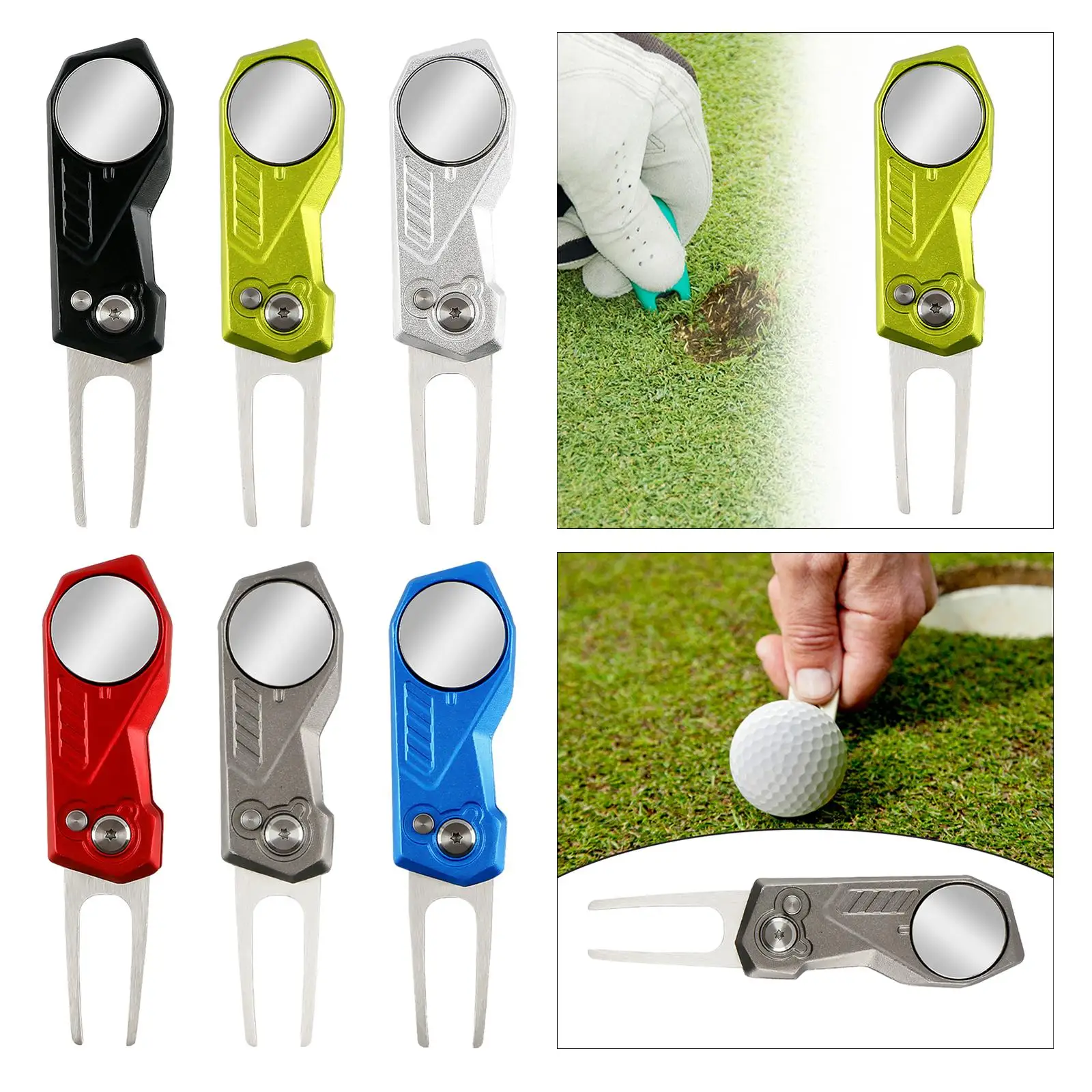 Portable Folding Golf Divot Repair Tool Stainless Steel Golf Fork with Ball Marker for Golf Equipment Outdoors