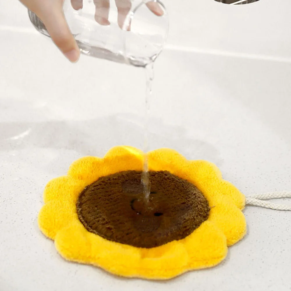 Sunflower Design Hanging Hand Towel PP Cotton Stuffed Coral‑Fleece Soft High Water Absorption Hand Rag For Home Kitchen Bathroom